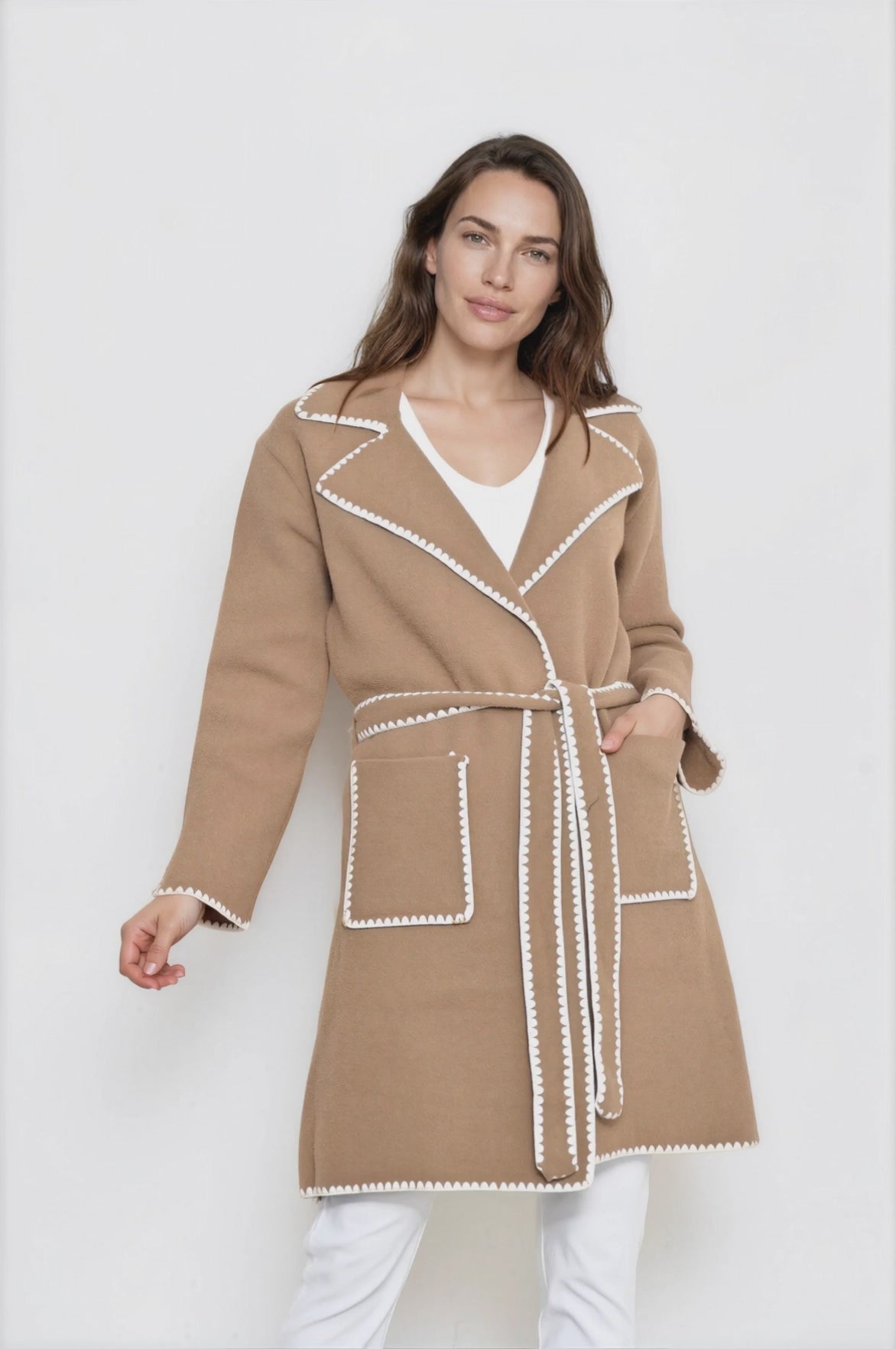 Falcon Cardigan - Lapel Collar Open Cardigan with Matching Belt and Contrast Stitch Hemlines in Tan
