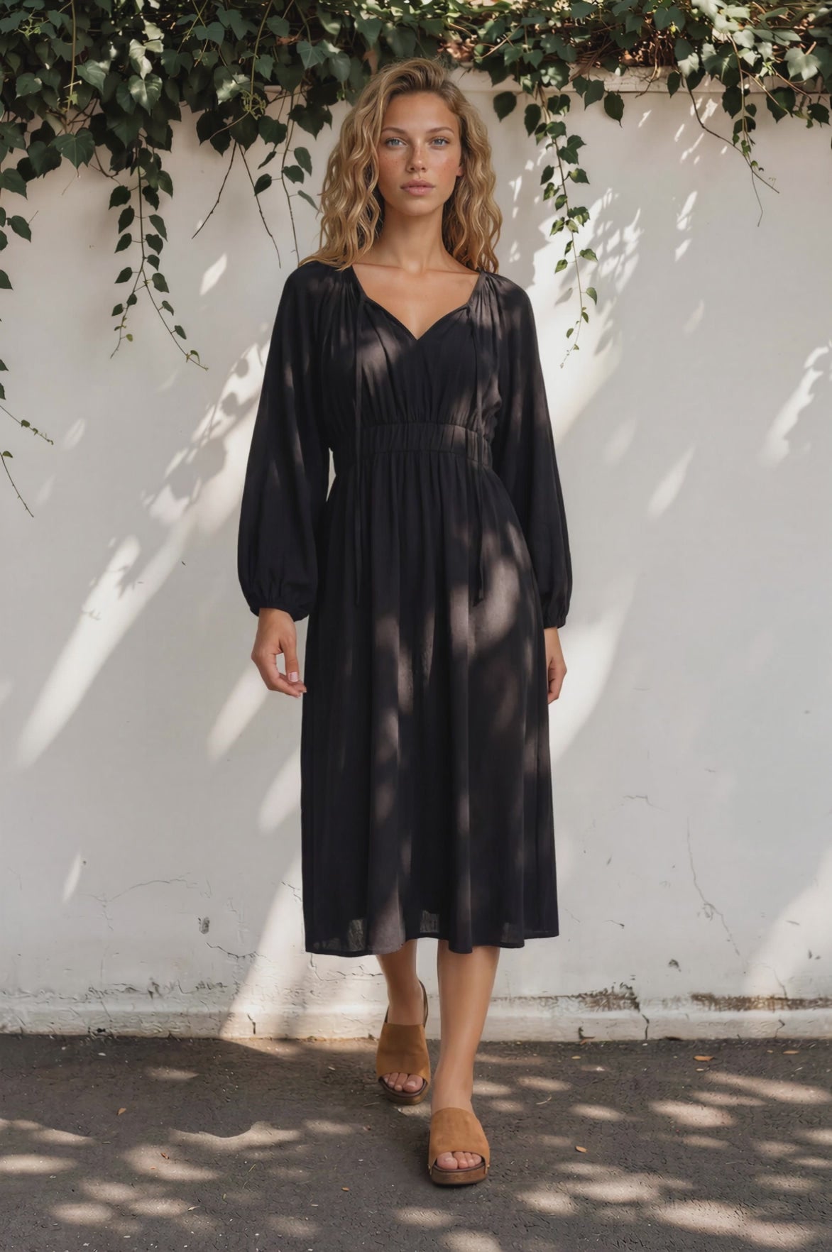 Jessica Midi Dress -  V-Neck Tiered Rayon Dress with Pockets in Black