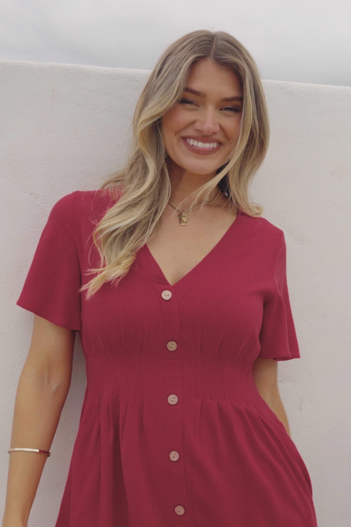 Stellar Mini Dress - Flutter Sleeve A-Line Dress with Pin Tuck Waist Detail in Red