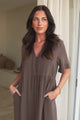 Madalena Midi Dress - Mandarin Collar Buttoned Bodice Smock Dress in Mocha