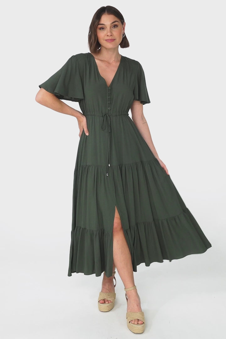 Anya Maxi Dress - Flutter Cap Sleeve Pull Tie Waist Dress in Military Green