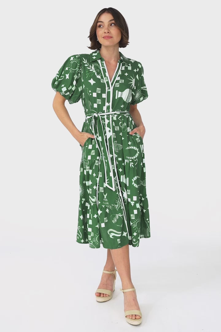 Olisa Midi Dress - Button-Down Contrast Piping Smock Dress with Matching Belt in Embry Print Green