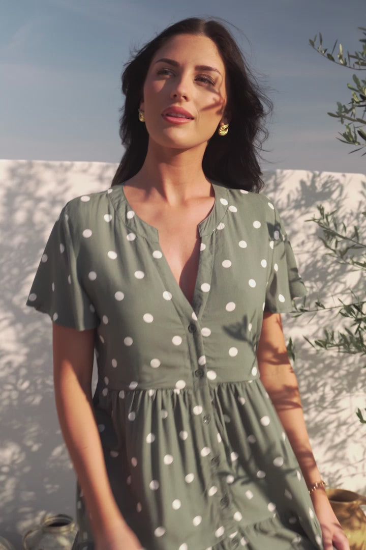 Wilma Mini Dress - Bermuda Collar Button Down Dress with Cap Sleeves in Parisian Polka Khaki
