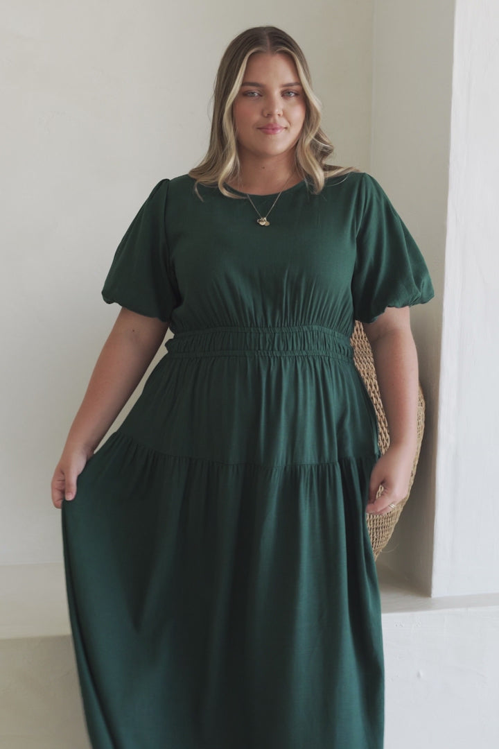 Maeana Maxi Dress - Short Balloon Sleeeve Elasticated Waist A Line Dress in Emerald