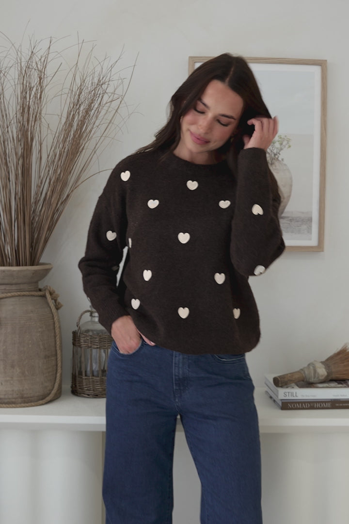 Hartley Jumper - Crew Neck Embroidered Heart Motif Knit in Coffee