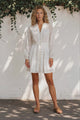 Camus Mini Dress - Embroidered Floral Dress with Long Sheer Sleeves in White