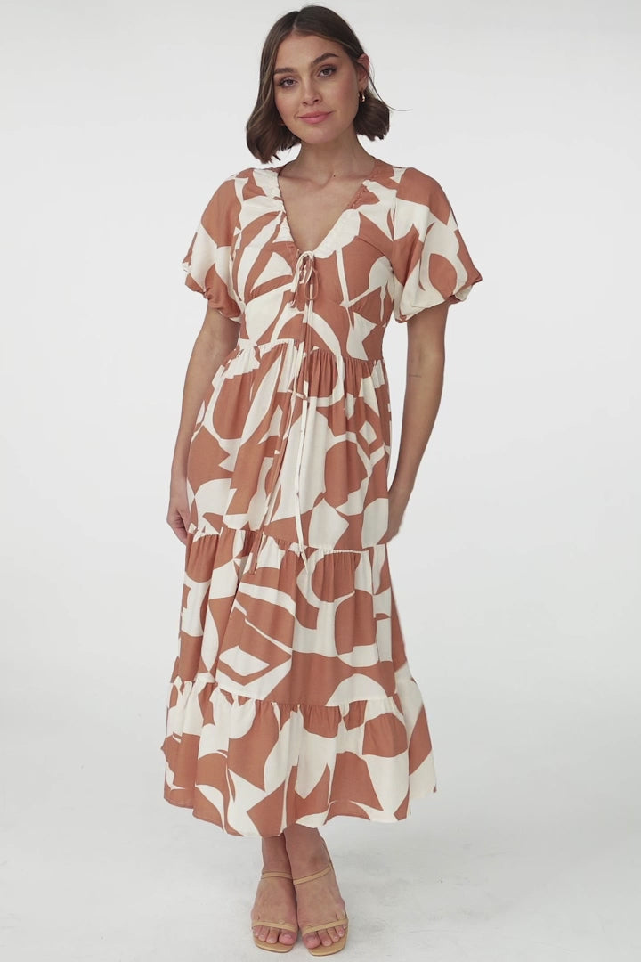 Fava Midi Dress - Pull In Neckline with Cap Sleeves Dress in Azira Print Rust