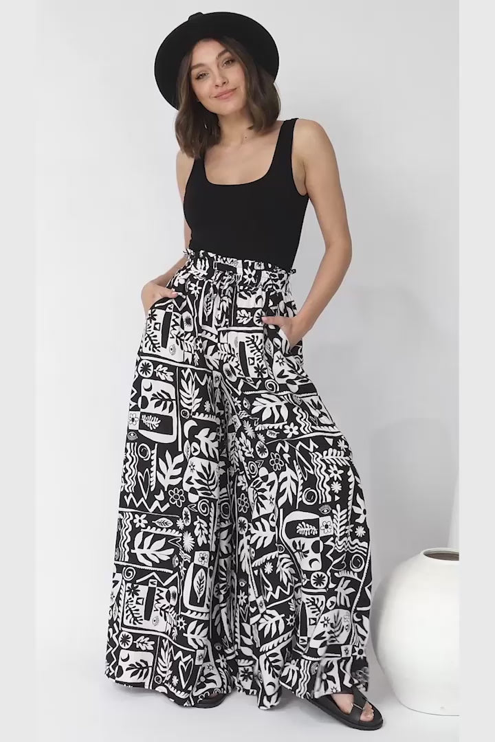 Ashora Pants - Paper Bag High Waisted Wide Leg Pants with Graphic Print