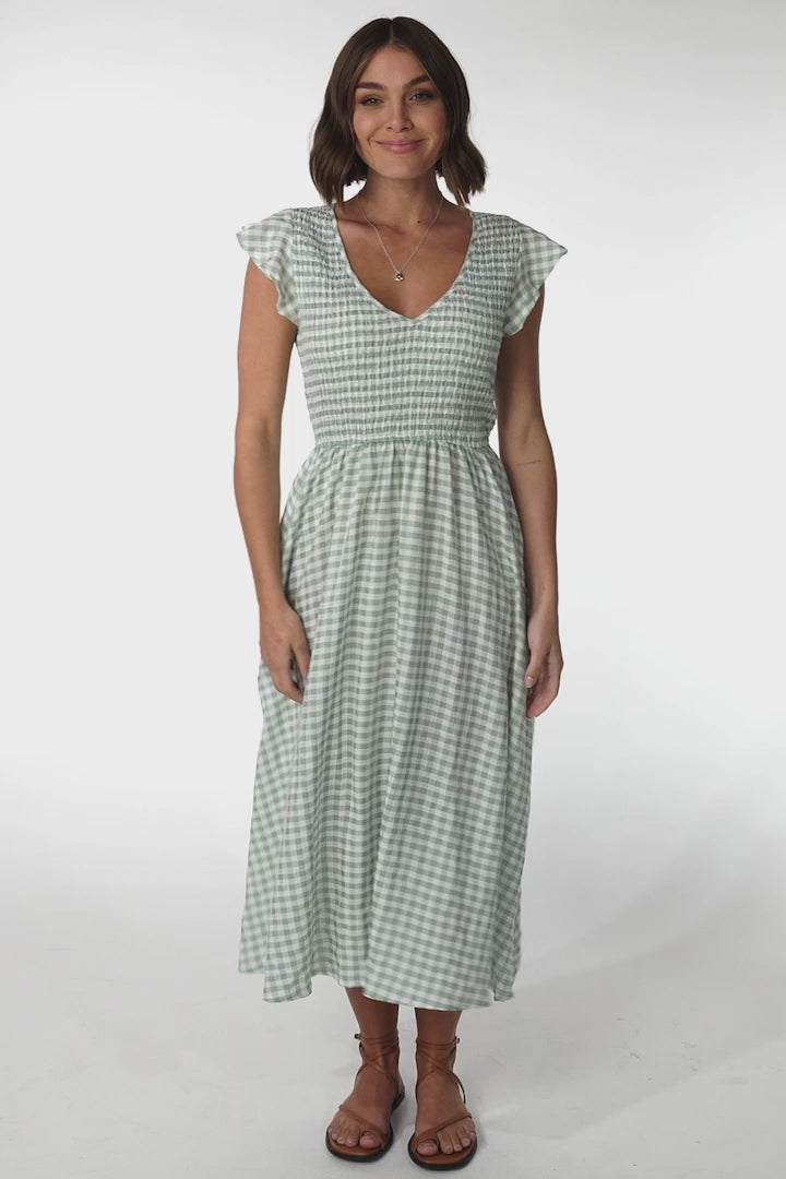 Mistee Midi Dress - Flutter Cap Sleeve Elasticated Bodice A Line Dress in Gingham Print Green