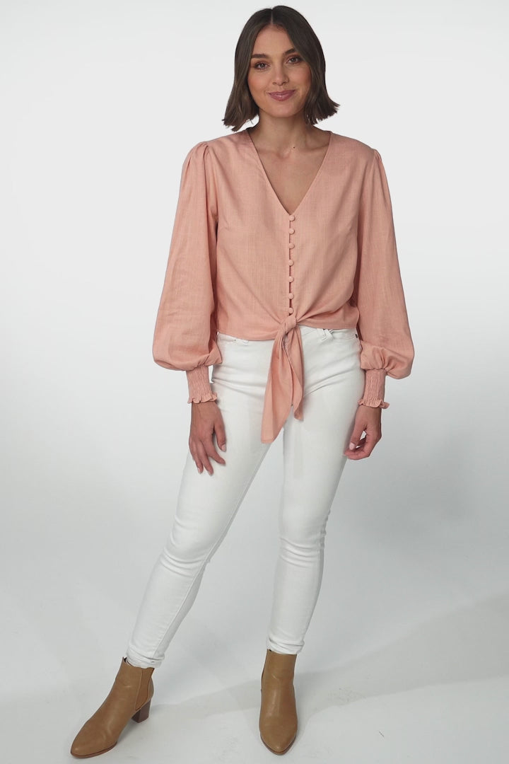 Amber Top - Button Down with Tie Detail Top in Blush