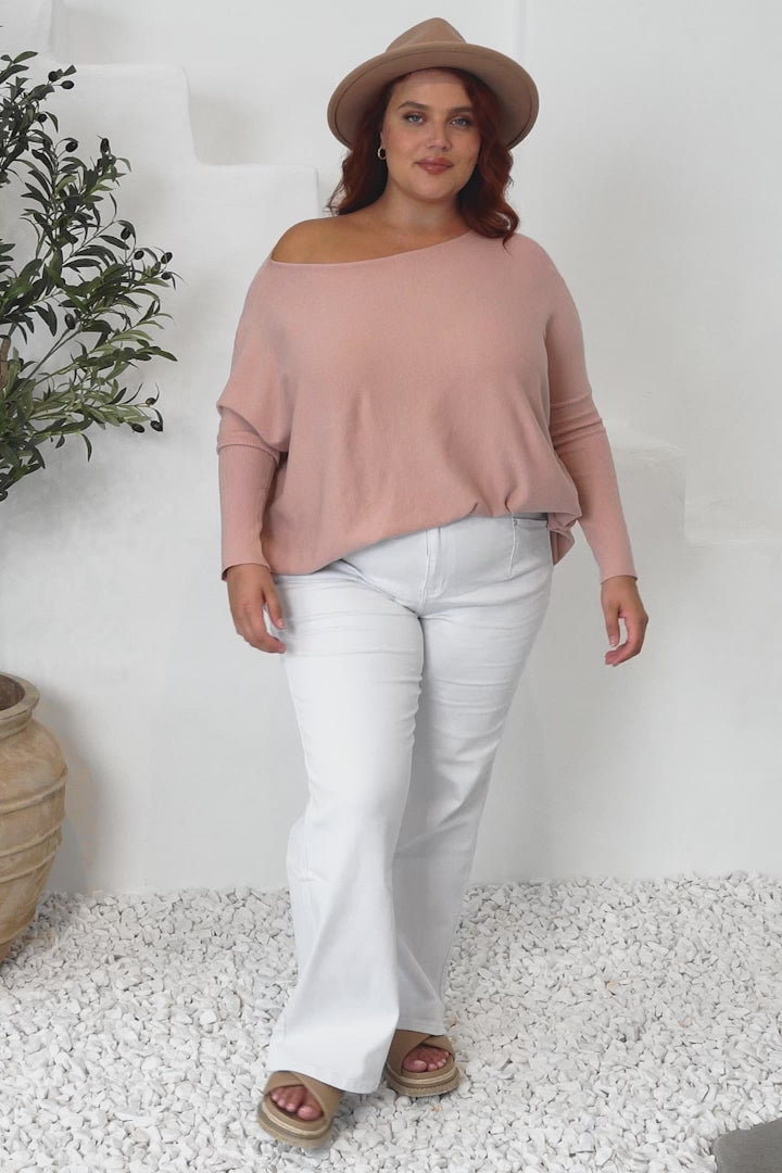 Belinda Knit Top - Boat Neckline Boxy Batwing Top in Blush