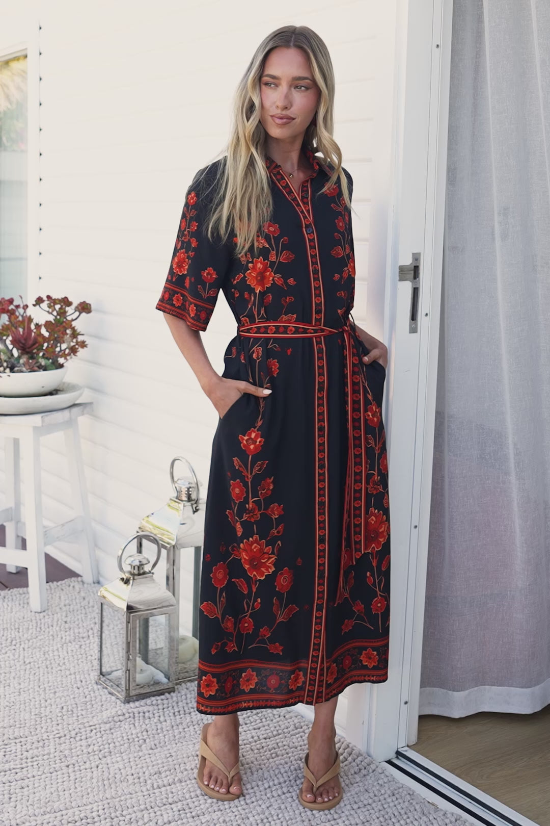 Kally Midi Dress - Collared Shirt Dress with Matching Waist Tie in Alexys Print