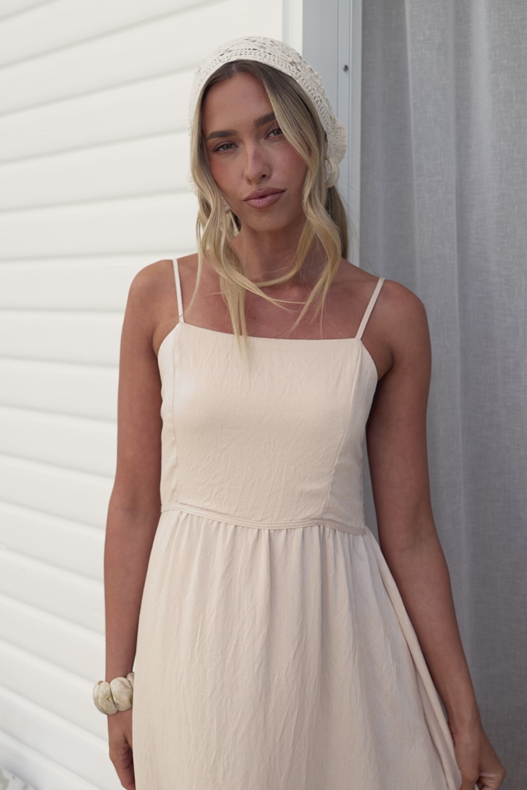 Matilda Midi Dress - Broadleaf Eyelet Embroidered A Line Dress with Adjustable Straps in Cream