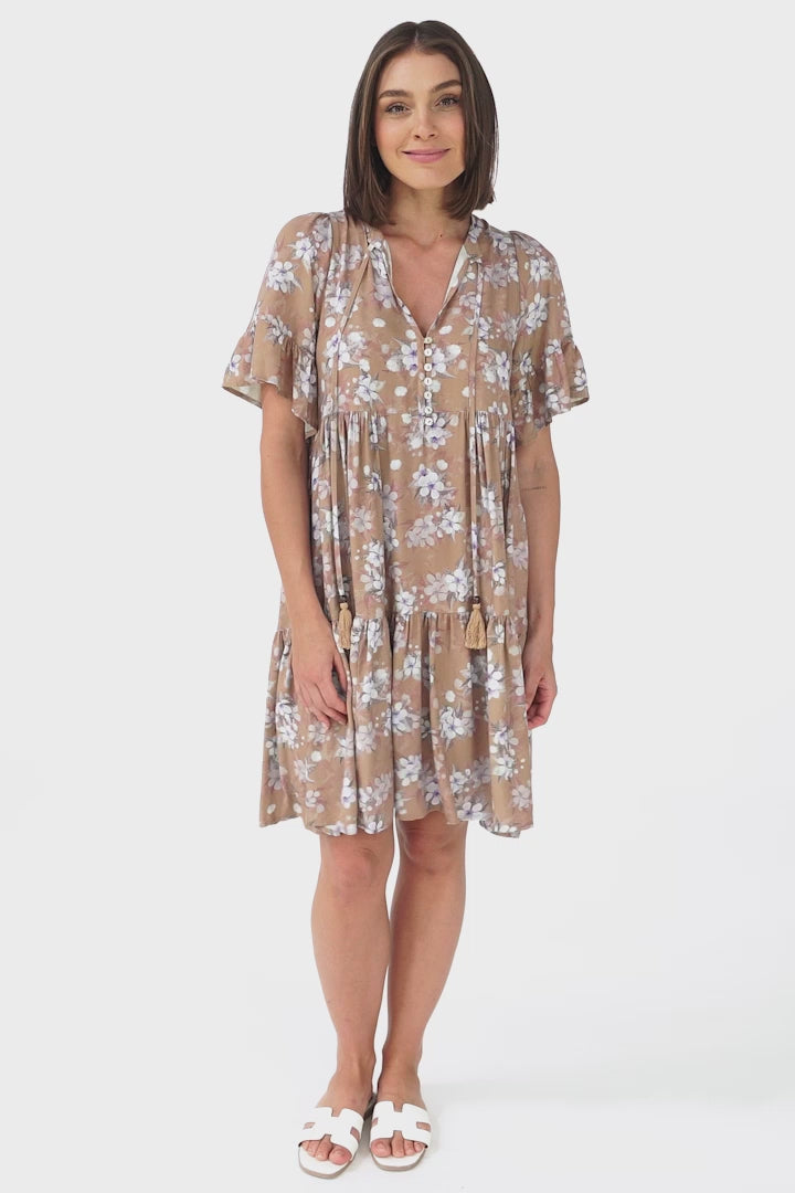 Abilia Mini Dress - Mandarin Collar Smock Dress in Ishaka Print Beige