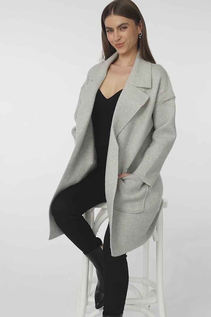 Kierce Cardigan - Folded Lapel Collar Coatigan with Pockets in Grey