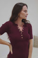 Zian Knit Top - Gold Button Neckline Ribbed Knit Top in Burgundy