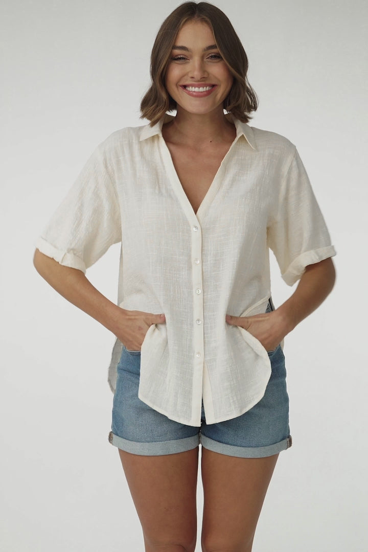 Shelly Shirt - Linen Collared Button Down Shirt in Cream