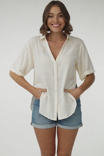Shelly Shirt - Linen Collared Button Down Shirt in Cream