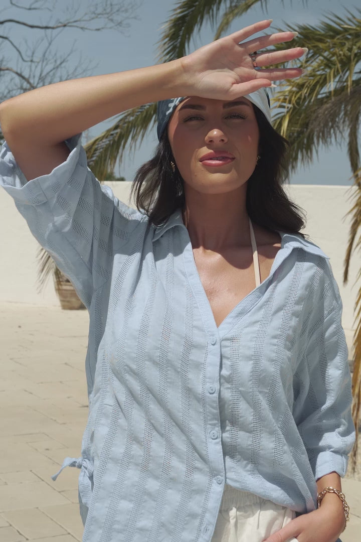 Beachly Mesh Shirt - Cotton Mesh Stripe Relaxed Button Down Shirt in Blue