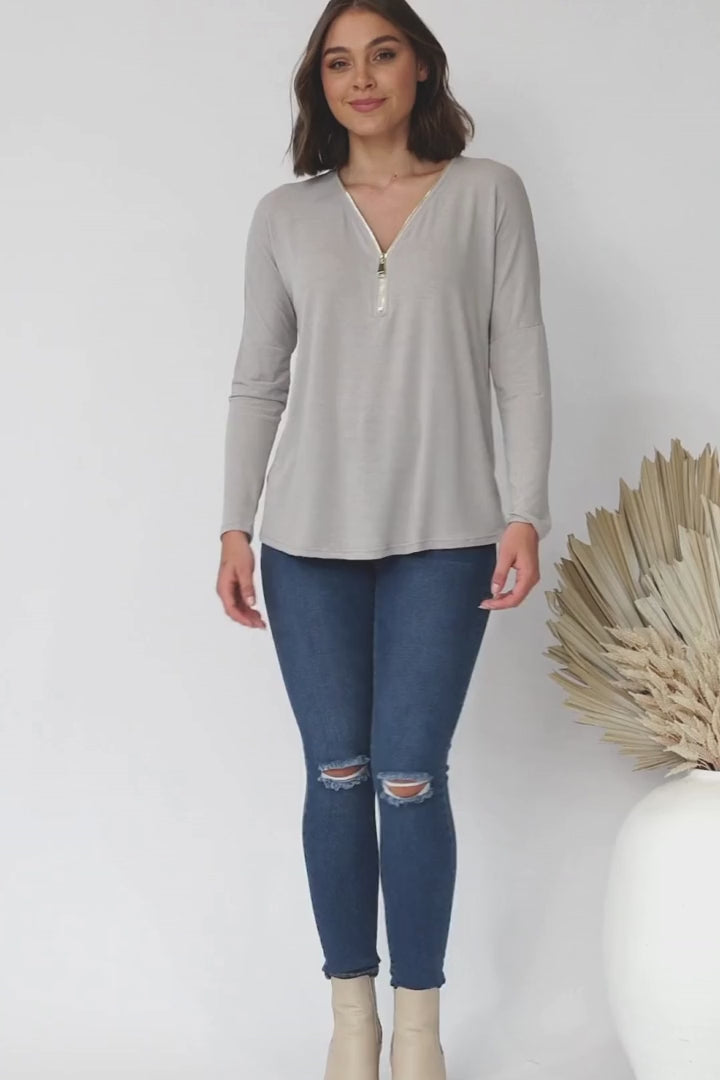 Cecile Top - Zipper Detail V Neck Top in Grey