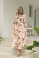 Arlete Maxi Dress - Drawstring Waist Shirt Dress with 3/4 Sleeves in Mirjana Print Cream