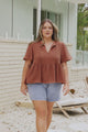 Bellina Top - Split Tie Neckline Babydoll Top with Short Sleeves in Clay