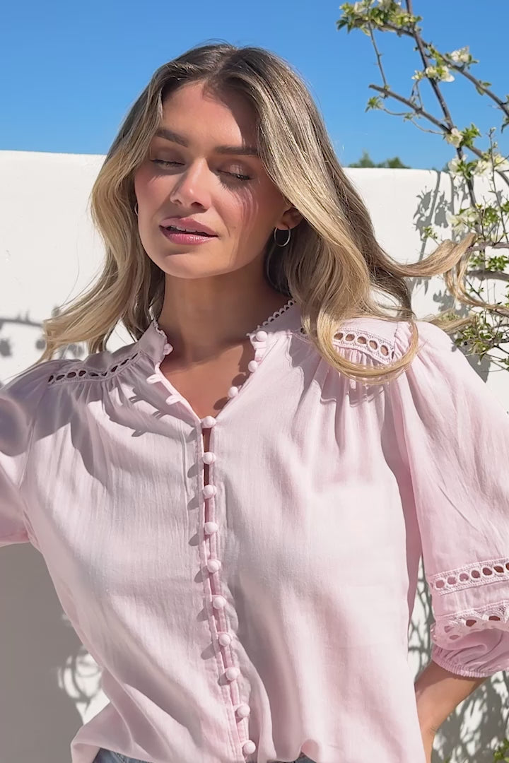 Alyce Shirt - Mandarin Collar Cut Out Detailed Sleeve Button Down in Pink