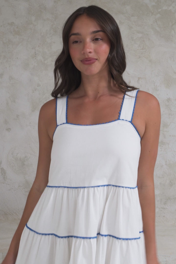 Bronte Mini Dress - Scallop Trim Tiered Sun Dress in White