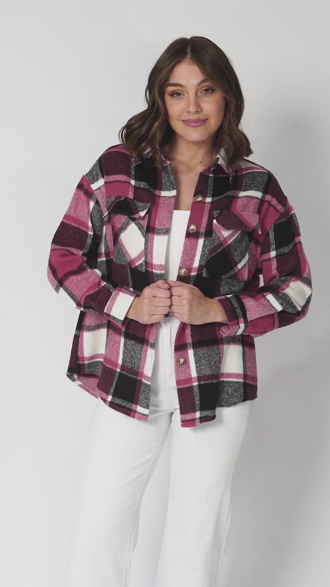 Bernie Shacket - Collared Checkered Button Down Shirt Jacket in Berry