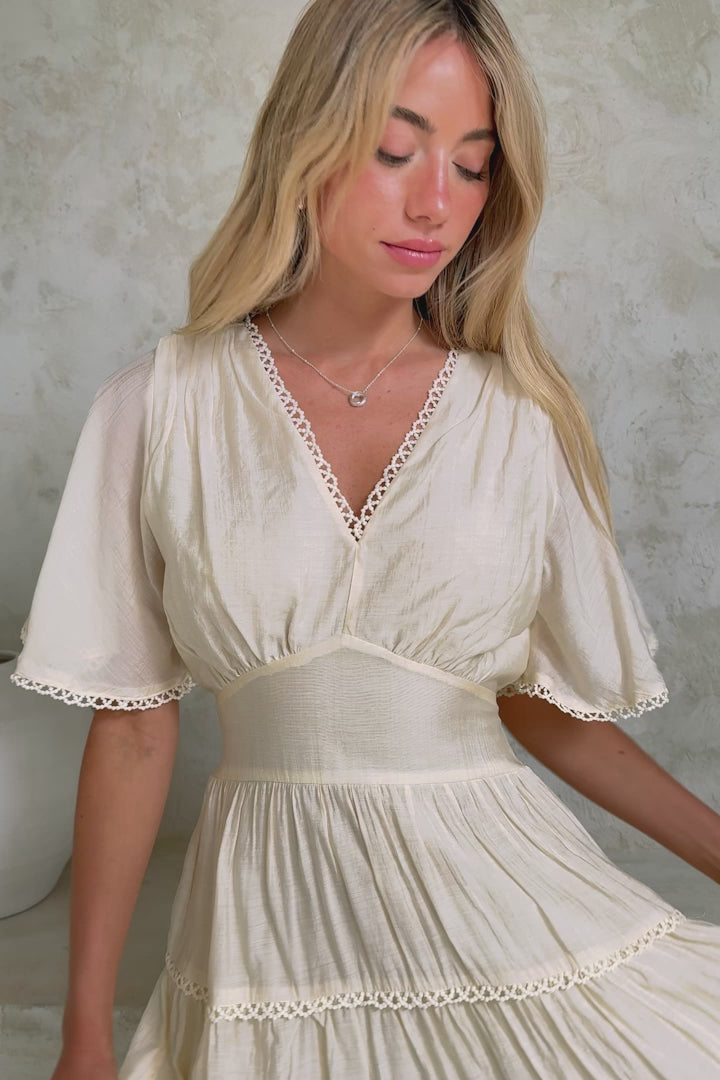 Nessie Mini Dress - Lace Trim Tiered Dress with Flutter Sleeves in Cream