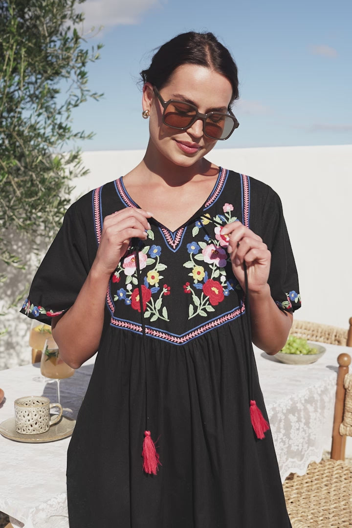Azalea 1/2 Sleeve Midi Dress - Floral Embroidered Motif Shift Dress in Black