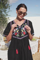 Azalea 1/2 Sleeve Midi Dress - Floral Embroidered Motif Shift Dress in Black