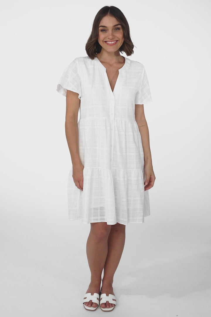 Wilma Cotton Mini Dress - Bermuda Collar Button Down Dress with Cap Sleeves in White