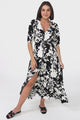 Rachel Maxi Dress - V-Neck 3/4 Sleeve Pull Tie Waist Tiered Dress in Kacia Print Black