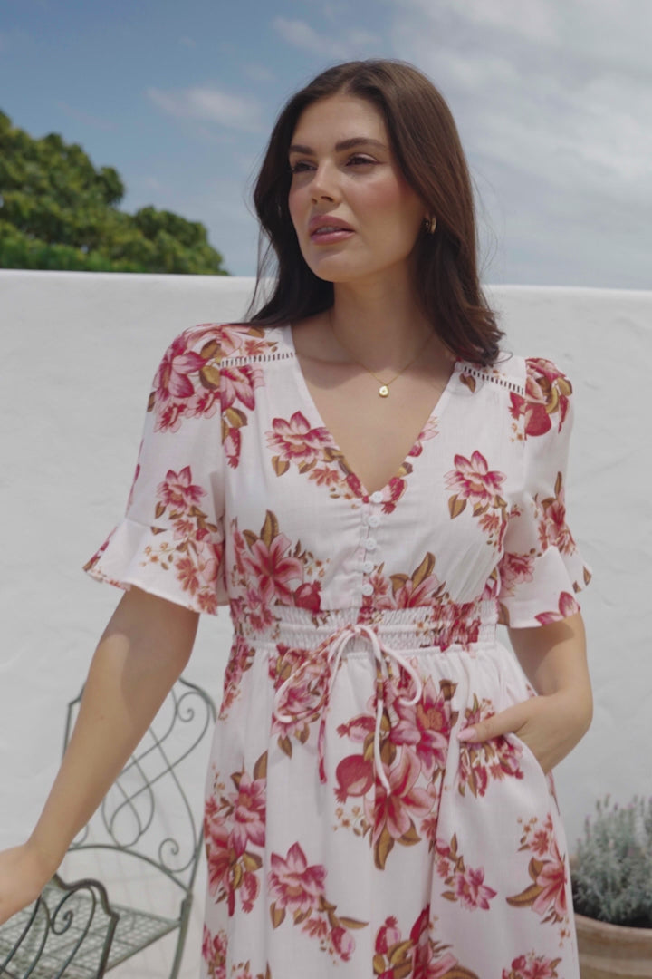 Vinnie Midi Dress - V-Neck Dress with Short Flutter Sleeves in Rosita Print