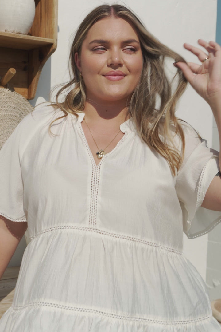 Ellery Top - Mandarin Collar Smock Top with Ladder Lace Insert Splicing in White