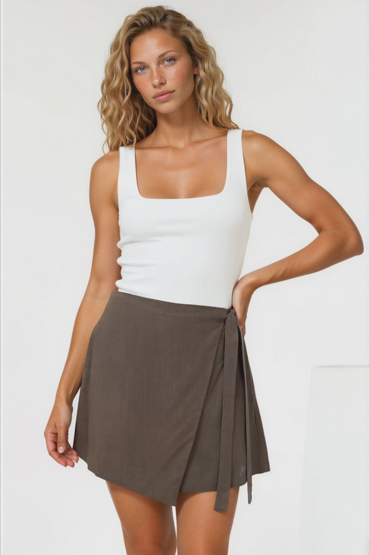 Pietra Skorts - Front Wrap with Tie and Shorts with Pockets in Chocolate