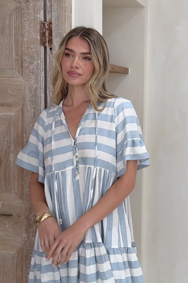 Abilia Mini Dress - Mandarin Collar Smock Dress in Gaubi Print Blue