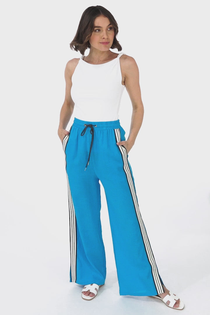 Oskar Pants - High Waisted Sports Stripe Side Seams in Blue