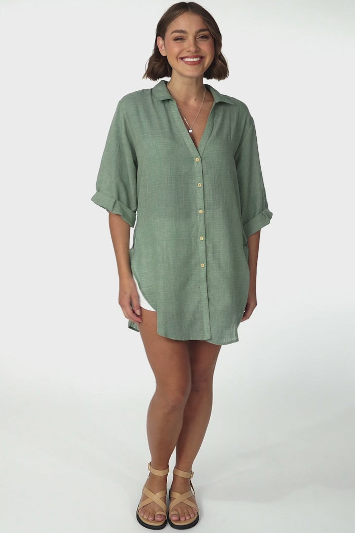 Beachly Shirt - Folded Collar Button Down Relaxed Shirt In Khaki