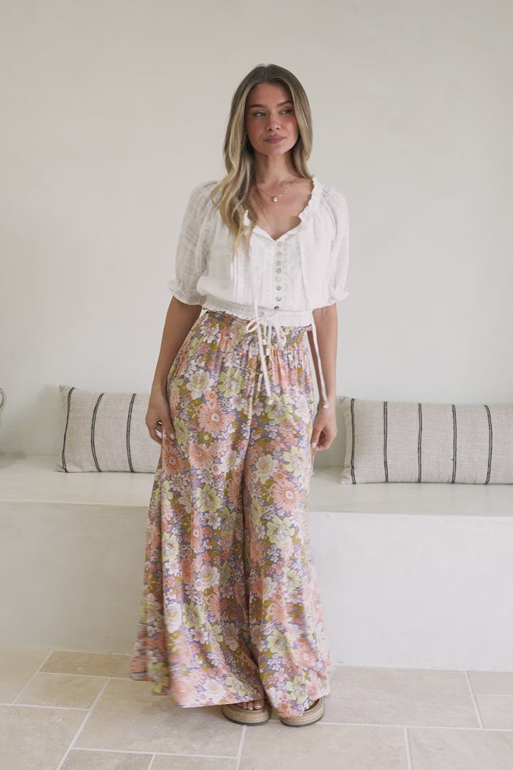 Avianna Pants - Paper Bag High Waisted Wide Leg Pants in Floral Print