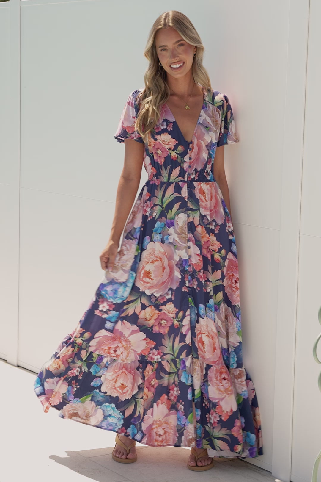 Kali Maxi Dress - Button-front Dress with Flutter Sleeves and Front Split in Franky Print
