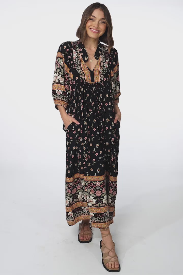 JAASE - Boheme Midi Dress: Piping Defined Bust Slimline Smock Dress In Eternity Print