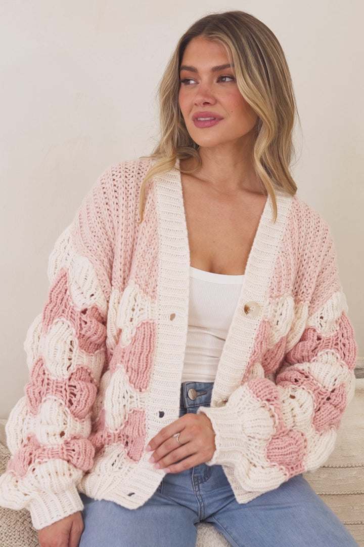 Deborah Cardigan - Relaxed Button Front Stripe Bubble Knit in Pink
