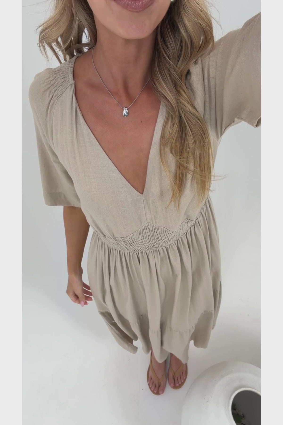 Savannah Midi Dress - V Neck Shirred Waist A Line Linen Dress with Short Sleeves in Beige