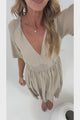 Savannah Midi Dress - V Neck Shirred Waist A Line Linen Dress with Short Sleeves in Beige