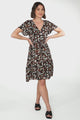 Malila Mini Dress - V Neck Pull Tie Waist Dress with Cap Sleeves in Hollie Print Black