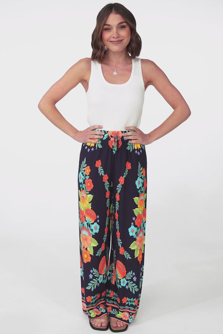 Anette Pants - Easy Wear High Waisted Straight Leg Pant in Octavia Print Navy