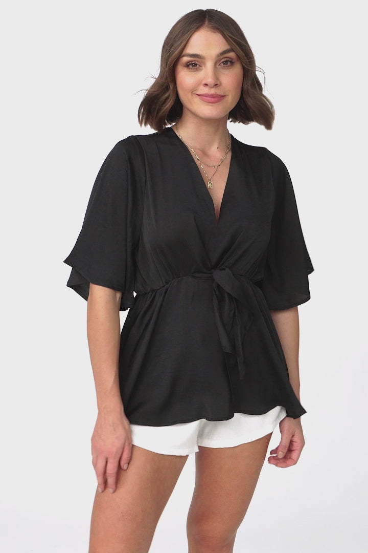 Vera Top - Bow Detailed Blouse with Bell Sleeves in Black