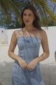 Tasha Midi Dress - Spaghetti Strap A-Line Denim Sun Dress in Light Denim